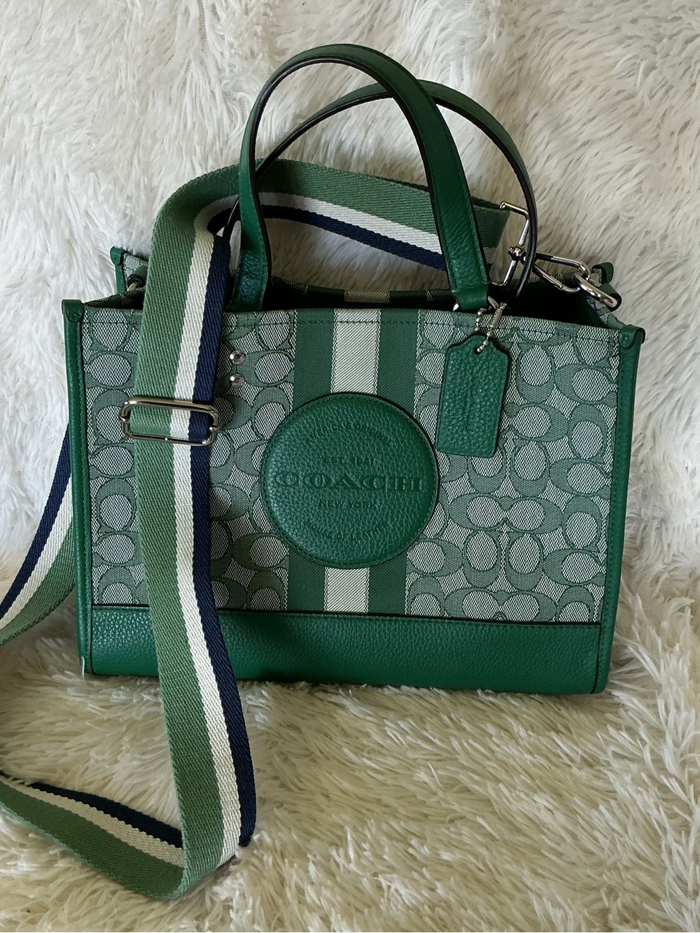 Coach Green Dempsey Signature Stripe Satchel with Removable Shoulder Strap